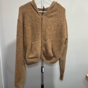 Skims Womens L/XL Brown Hoodie Teddy Bear Sherpa Fleece Cozy Full Zip Crop